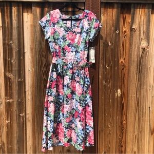 Vintage 100% Cotton Floral Peony Sweetheart Belted Women Midi Dress, size 14